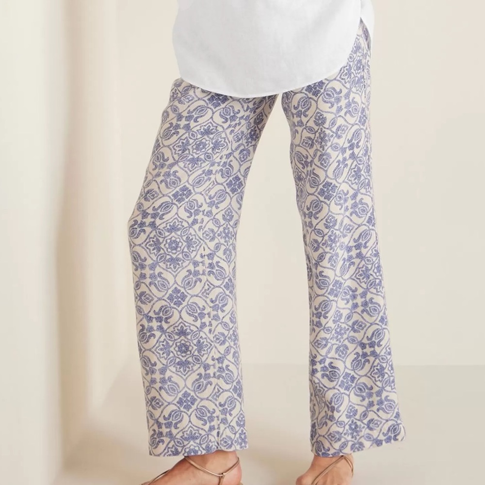 Soft Surroundings Aliso Point Linen wide leg Pants Blue Tile Print Women’s Sz L